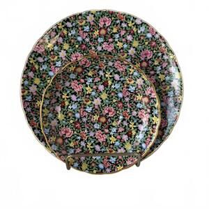 Tuscan China 'Mille Fleurs' black floral decorative plates.